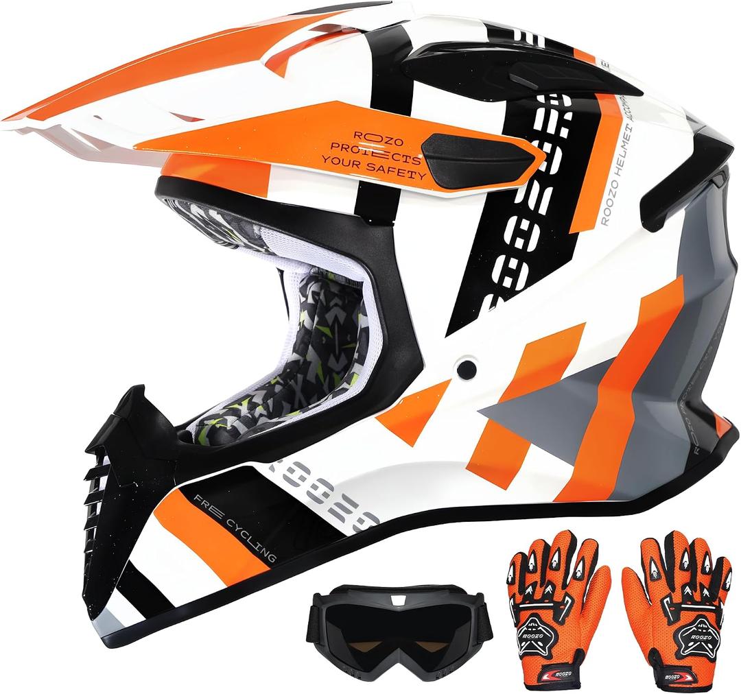 DOT Approved Youth Dirt Bike Helmet with Visor for Kids, Full Face Motocross ATV Helmet Set with Goggles & Gloves, Off-Road Motorcycle Youth BMX Go Kart Riding Gear Set XL