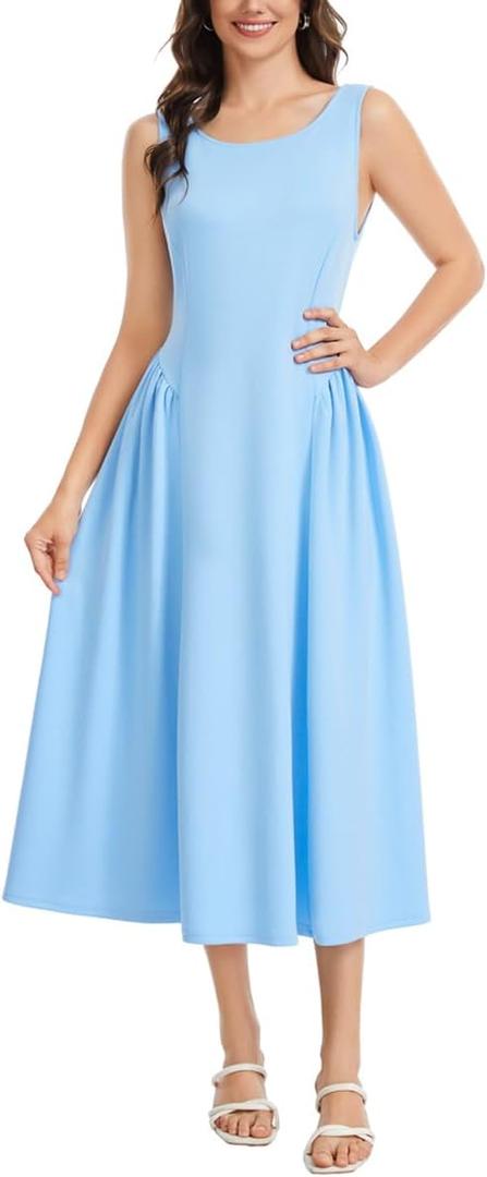 ZESICA Women's Spring Sleeveless Cocktail Dresses 2026 Summer Crewneck Flowy Wedding Guest Party A Line Midi Dress Blue S