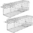 Qualirey 2 Pack Live Animal Trap Cage 17 x 7.09 x 8.27 Inch Cat Trap Cage Foldable Steel Humane Catch and Release Animal for Groundhog Squirrel Raccoon Mole Gopher (Silver)
