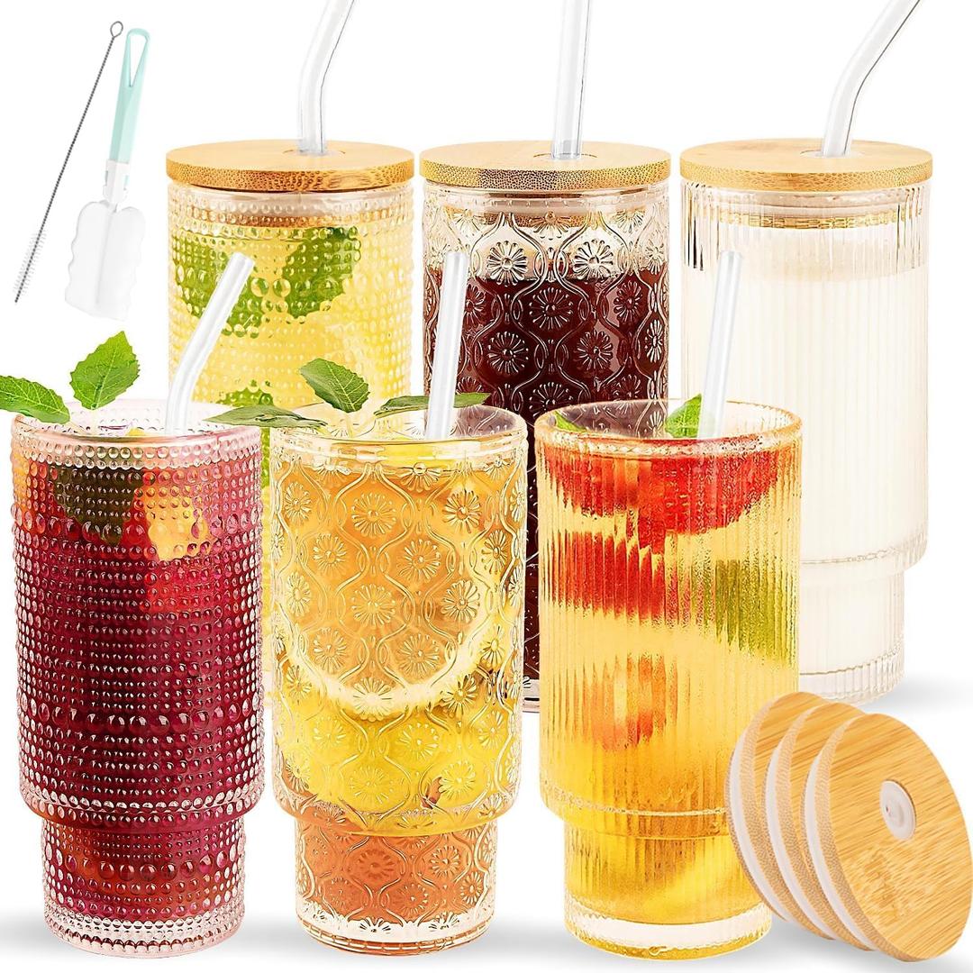 Glass Cups Set with Straw/Bamboo Lid,12 oz Stackable Serving Drinking Glasses, Ideal for Whiskey/Cocktails/Juice/Coffee/Beer, Dishwasher Safe,3 Patterns of Vintage Glassware Sets.(6 Pcs) (6pcs-12oz)