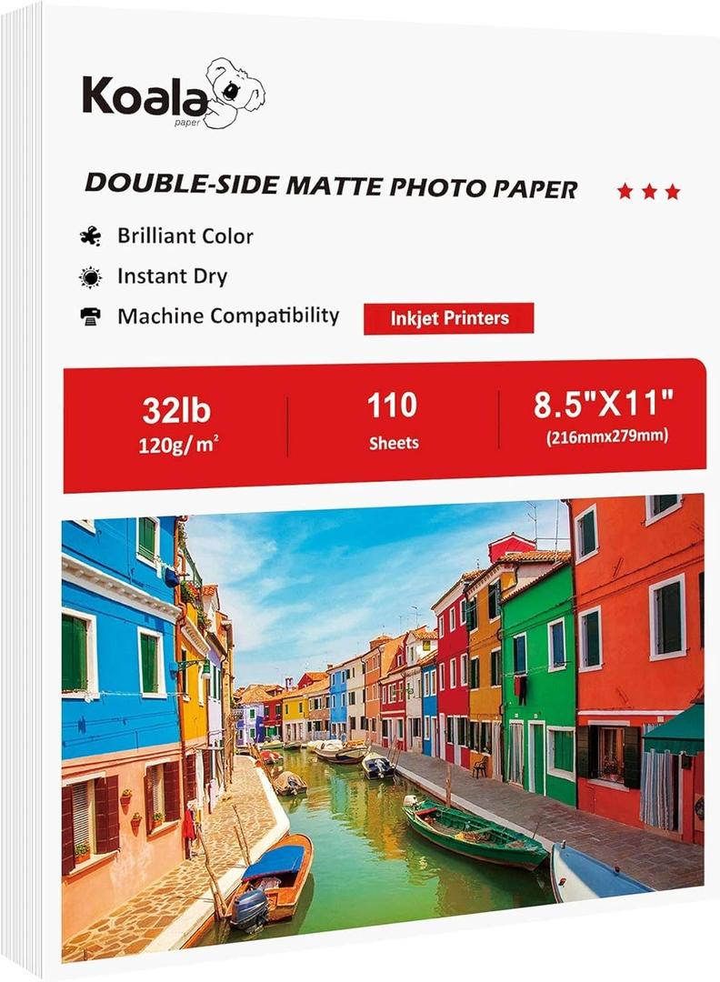 Koala Thin Presentation Paper Double-Sided Matte for Printing Photo 8.5X11 Inches 110 Sheets, Compatible with Inkjet Printer