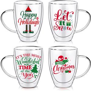 Baderke 4 Pieces Christmas Coffee Mugs 12 oz Double Walled Glass Cups Insulated Cute Espresso Clear Christmas Cup Tea Cup for Family and Friend Xmas Gift Table Centerpieces Decor (Basic)