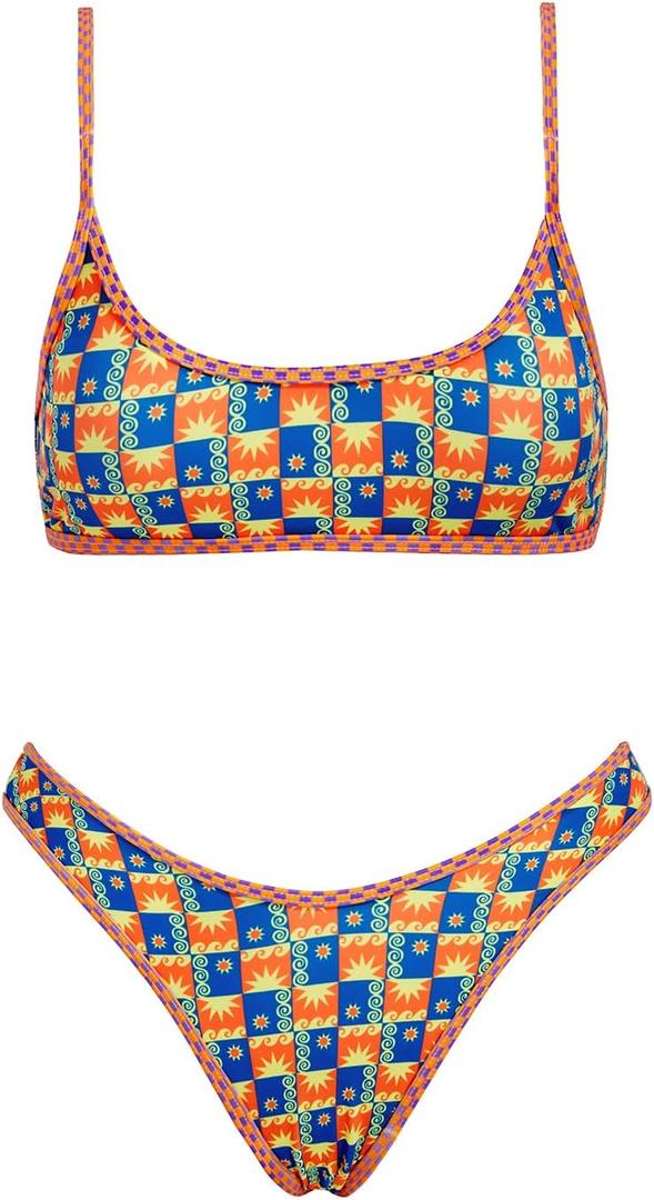 VOLAFA Women's Triangle Bikini Set Smocked Textured Scoop Frilled Print Ruched Elastic Swimsuit Two Piece Bathing Suit (6, Orange Blue Sun)