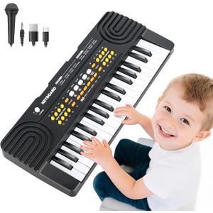 37 Key Piano Keyboard Toy for Kids Ages 3-5 Electric Pianos with Microphone Toddler First Music Toys for 3 4 5 6 7 Year Old Boys Girls Birthday (Black)
