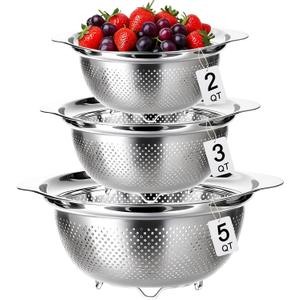 3 Pcs Stainless Steel Colander Strainer Set Metal Colander for Kitchen Pasta Strainer for Rice Food Fruits Spaghetti Vegetables (2QT, 3QT, 5QT) (Silver)