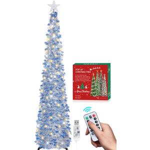 HMASYO 6 FT Pop Up Tinsel Christmas Tree with 100 LED Timer Lights & Remote, Collapsible Artificial Pencil Tree with Blue Snowflake Ornaments Xmas Decoration for Home, Office, Party, USB Powered