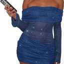 Womens Sexy Off Shoulder Bodycon Mini Dress Mesh Ruched Y2K Club Dresses | Flared Long Sleeve, Sexy Party Night Going Out Birthday Dresses, Sparkly, Stretchy (Blue)