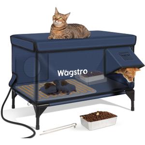 Ex-Large Heated Cat House for Outside in Winter, 100% Waterproof, Escape Door, 6" Elevated, Weatherproof Insulated Outdoor Cat House Shelter with Heater for Stray Feral Cat (Dark Blue, 29"x17"x20")