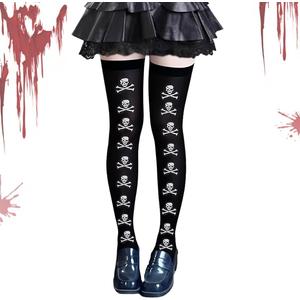 Halloween Skeleton Thigh High Socks Over-the-Knee Stockings With Double-Sided Printing Plus Size Design For Women Girls (X-Large Plus, White Skull)
