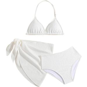 SHENHE Girl's 3 Pieces Halter Triangle Bikini Sets Spaghetti Strap Swimsuit Smocked Bathing Suit with Beach Skirt