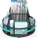 YINGHUA Metal Mesh Desk Organizer with 5 Compartments and Rotating Pencil Holder Pen and Stationery Organizer for Office Home School Anti Slip Base Black