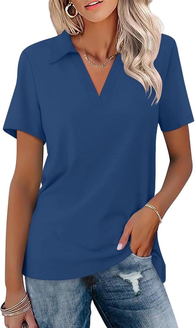 ORANDESIGNE Women's Short Sleeve V Neck Polo Shirts Summer Collared Tops Casual Loose Tees Tops (Large)