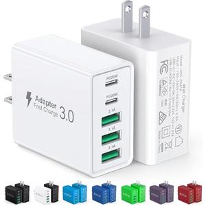 [2-Pack] USB C Wall Charger, 50W 5-Port PD Fast USB C Charging Block, 2USB C+3USB A Multiport Plug, Type C Power Adapter Brick Cube for iPhone 17/ 16/ 15/ 14/ 13/ 12/ Pro Max/ XS, iPad, for Switch, Samsung, Ultra 2