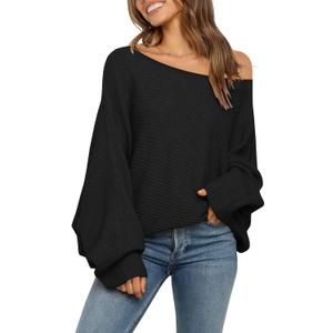 Mafulus Women's Oversized Crewneck Sweater Batwing Puff Long Sleeve Cable Slouchy Pullover Jumper Tops (Medium, 2-off Shoulde Black)