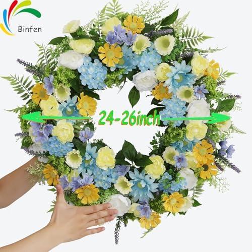 Faux Silk Cherry Blossom Flower Spring Summer Easter Wreath 24-26" for Front Door  Pink Purple Yellow Plum Blossom Green Eucalyptus Leaves  Farmhouse Front Porch Decor, Outdoor Indoor Use
