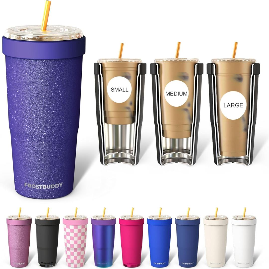 Frost Buddy Togo Buddy 30 oz Stainless Steel Vacuum Insulated Tumbler To Go Coffee Cup - Iced Coffee Cups, Iced Coffee Sleeve, Travel Mug, Thermal Cup for Hot & Cold Drinks, Dunkin Cup (Purple Glitz)
