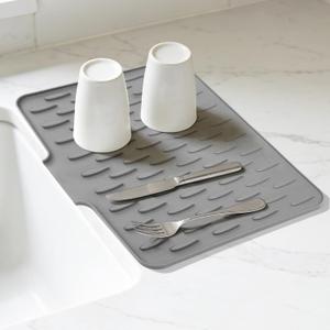 Silicone Dish Drying Mat for Kitchen Counter, Rubber Dish Mat with Drain (15.7" x 13", Grey)