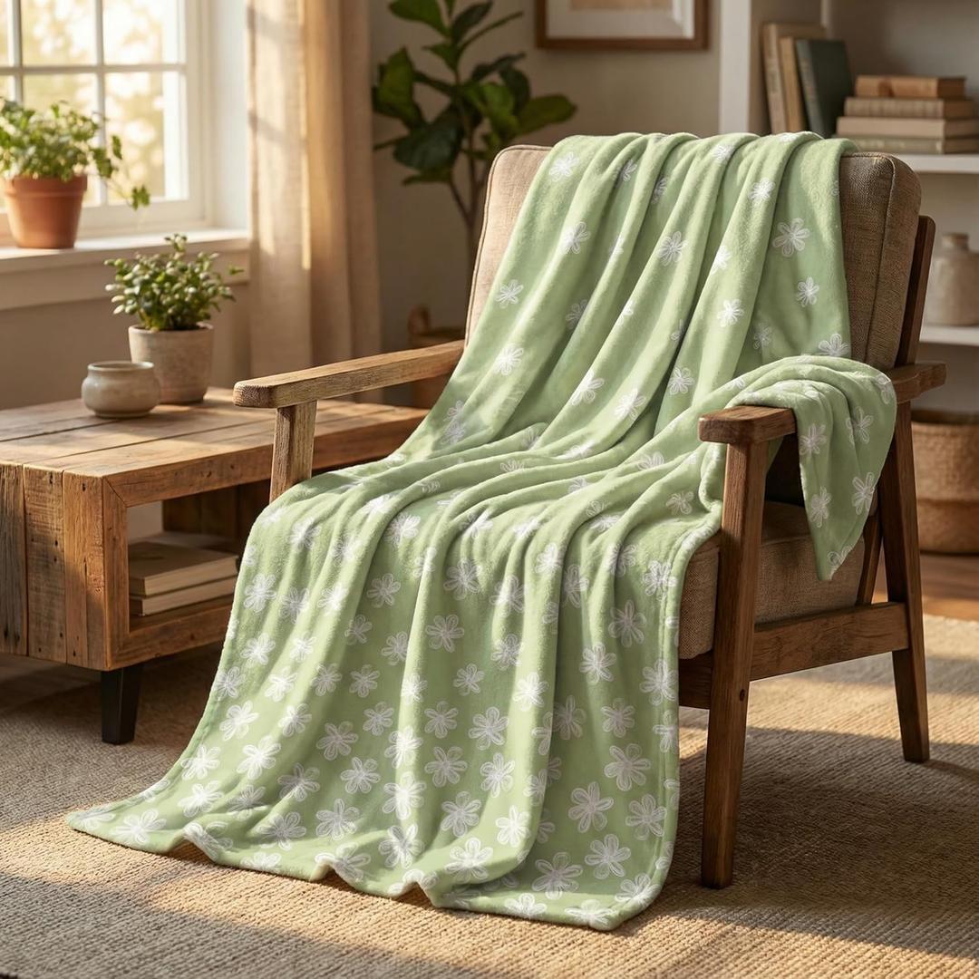 Horaldaily Spring Summer Flannel Blanket Throw, Green Watercolor Painting Flowers Soft Fuzzy Plush Cozy Fleece Blankets for Couch Sofa Bed Lounging, Ideal Gifts for Kids Adults Wife Self, 50x60