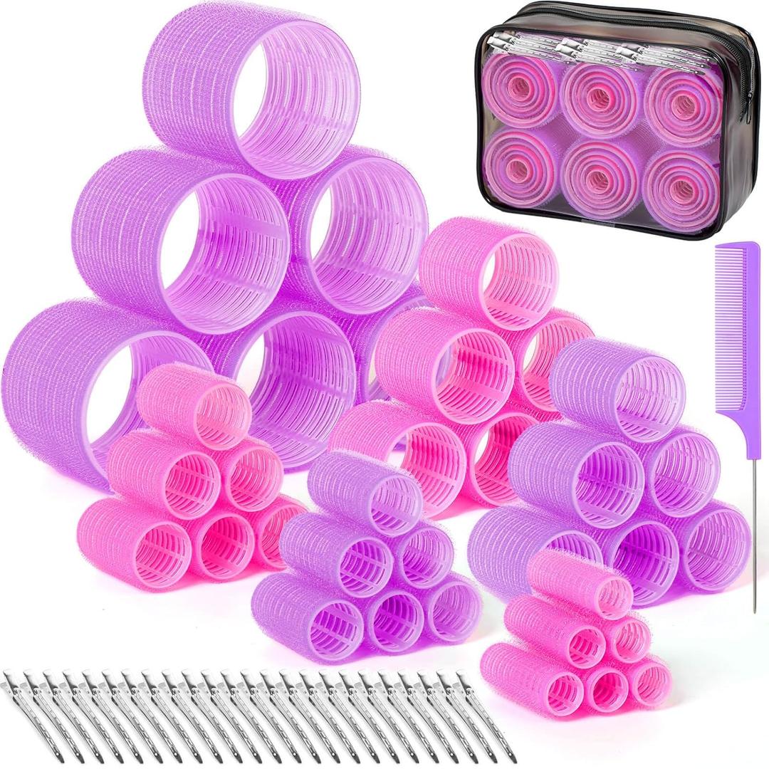 6 Size Hair Rollers for Women, 62 Pcs Rollers Hair Curlers for Blowout Look Long Medium Short Hair, Jumbo Large Medium Small Self Grip Curlers with 36 Roller 24 Clips 1 Storage Bag (Pink+Purple)