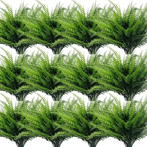 TURNMEON 20 Bundles Artificial Plants Outdoor Faux Boston Fern Summer Decor Fake Plants UV Resistant Plastic Greenery Shrubs Artificial Fake Flowers Outside Indoor for Spring Home Gardens Patio Yards
