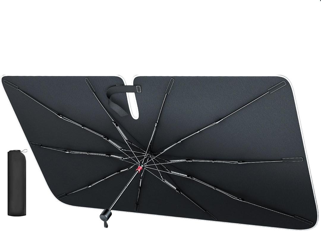 REEVAA Car Windshield Sun Shade Umbrella [Upgrade Sun Protection & Keep Cool] Protect Interior, 360 Flex Handle Sun Shield Sunshade, Small for Compact Cars