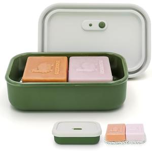 AIDIMMING Silicone Enhanced Leak Proof Travel Soap Case, Vented Shampoo Bar Holder, Large Bar Soap Box with Lid Portable Soap Dish with Draining Layer (Offwhite& Green)