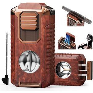 5-in-1 Torch Lighter with Cutter, Punch, Holder and Draw Enhancer Tool, Triple Windproof Jet Flame, Refillable Lighters with Accessories, Cool Lighter Gifts for Men, Butane Lighter for Candle, Travel
