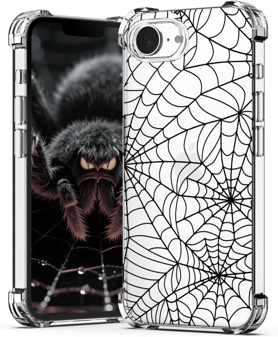 2 x YESPURE for iPhone 16e Halloween Case Cool Designed Kids Women Black Spider Web Paingting Phone Cover Transparent Slim Soft Bumper Shockproof Protective Mobile Case for iPhone 16e