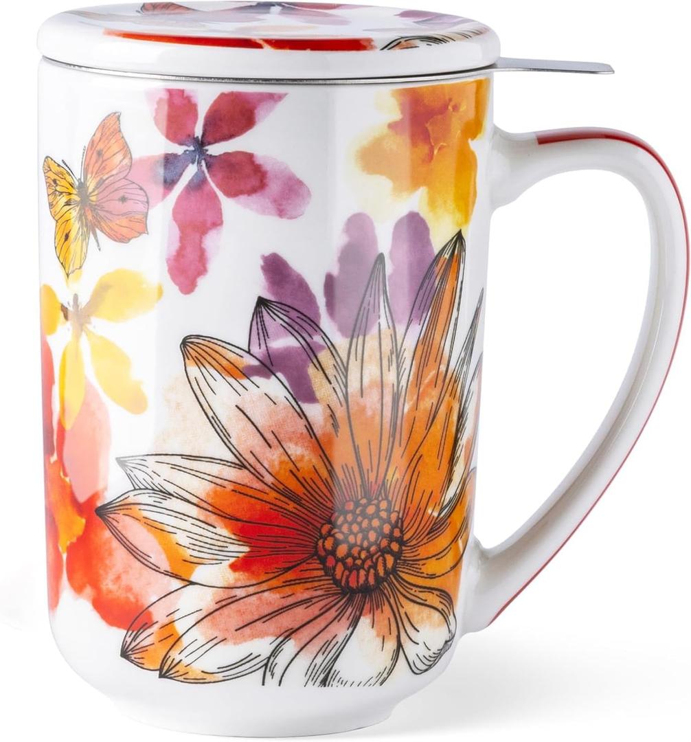 GBhome Tea Mug with Infuser and Lid, 18 Ounce Large Ceramic Loose Leaf Cup, Microwave, Dishwasher Safe, Perfect For Tea Lovers