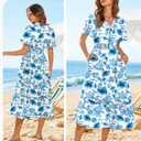 GRACE KARIN Womens Summer Floral Maxi Dresses 2026 Short Sleeve V Neck Dress Casual Flowy Beach Vacation Sundress with Pockets White Blue Floral M