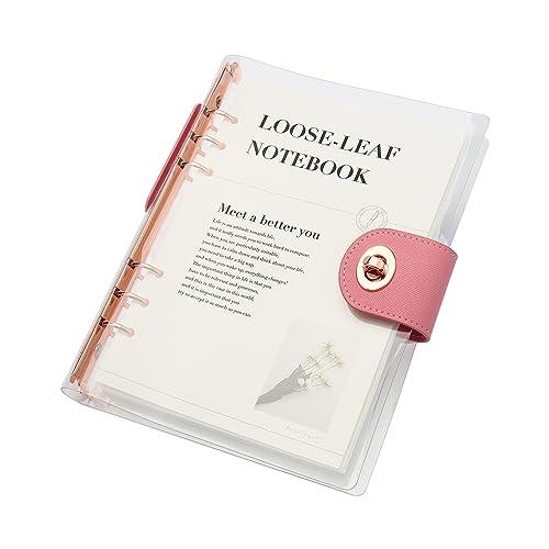 Clear A5 Refillable Notebook Binder with 90 Sheets Lined Paper Rose Gold 6-Ring Soft Transparent PVC Binder Cover Protector Shell Loose Leaf Journal Folders with PU Leather Lock Catch Closure
