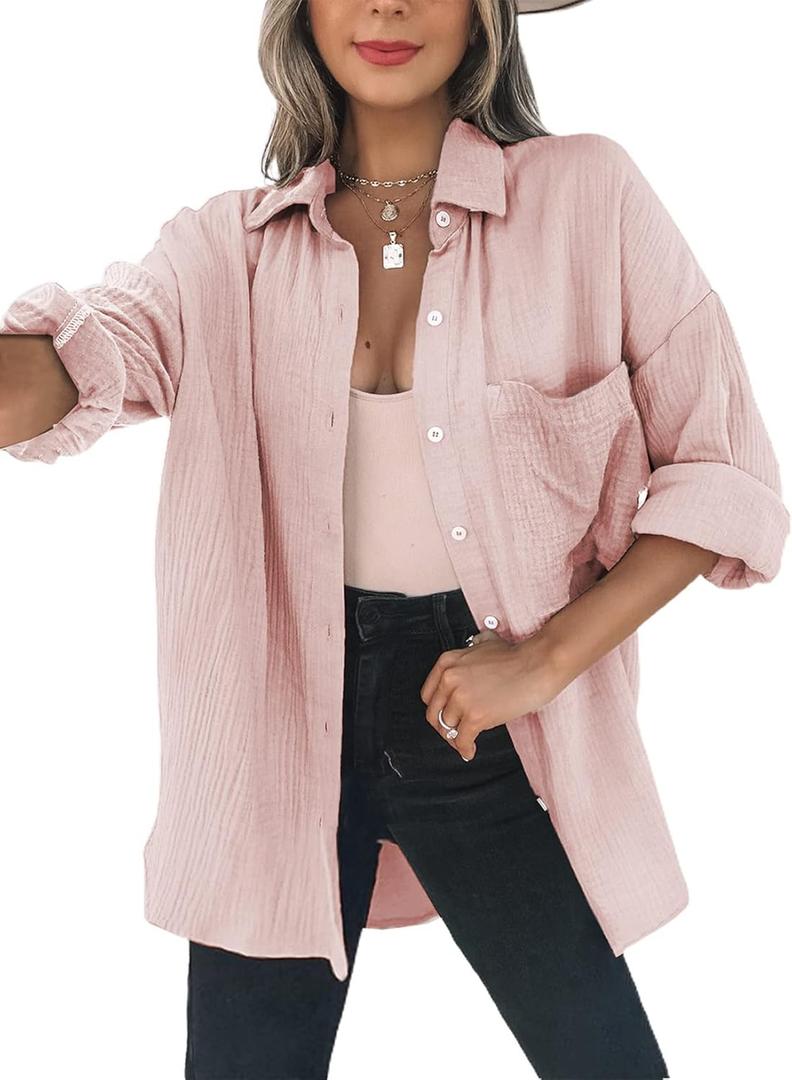 Dokotoo Womens Color Block Button Down Shirts Long Sleeve Oversized Boyfriend Blouses Tops, Large