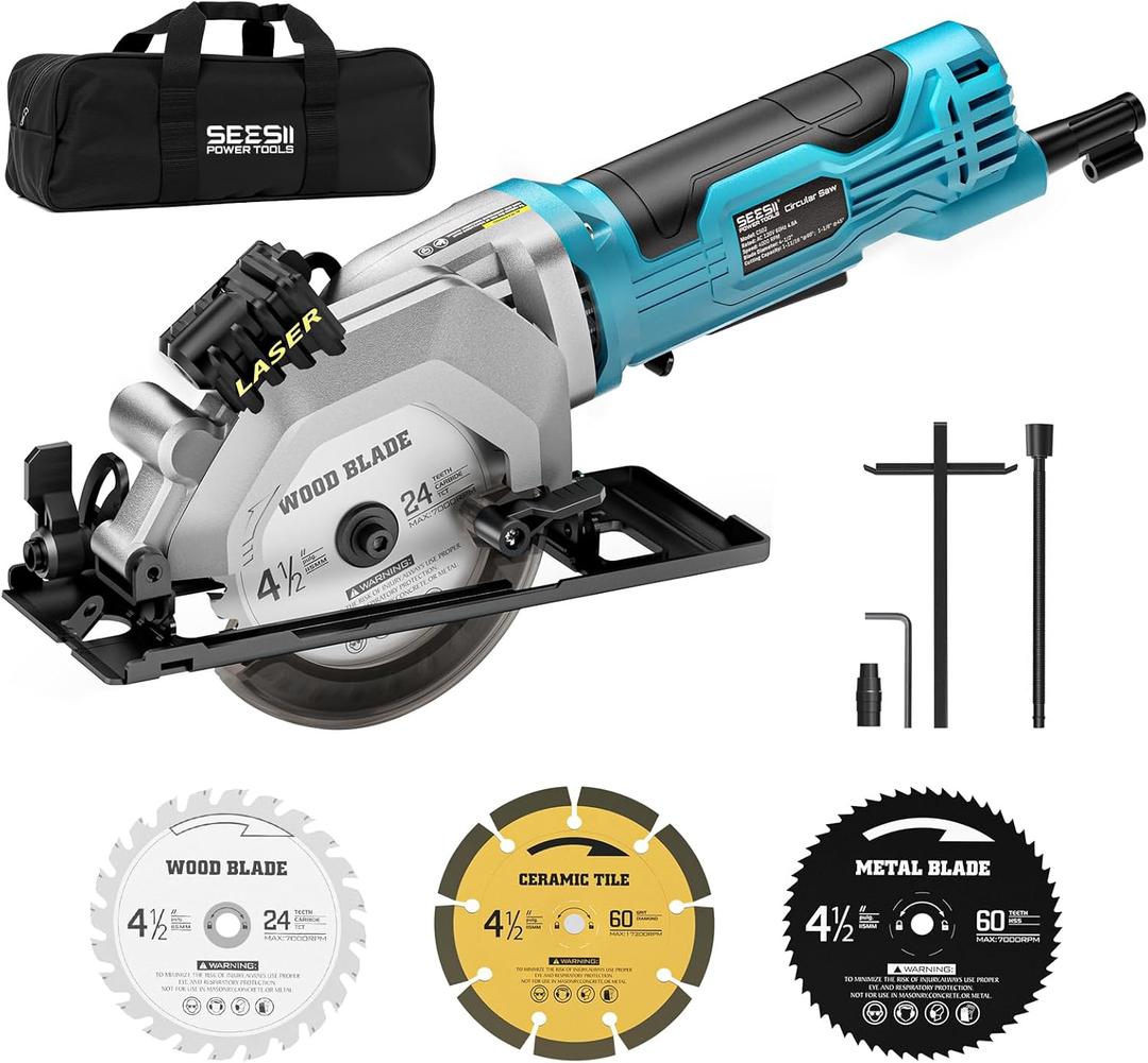 Seesii Mini Circular Saw with Laser Guide,4.8A 4000 RPM Compact Corded Circular Saw with Rip Guide,3 Blades (4-1/2") for Wood,Soft Metal,Tile,Plastic Cutting,Max Cut Depth 1-11/16"(90),1-1/8" (45)