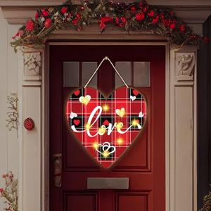 Wenqik Valentine‘s Day Wooden Door Sign Lighted up Valentines Day hanging Sign LED Buffalo Plaid Heart Valentines Decorations for Home Doorplate for Outdoor Wall Front Door Anniversary Wedding