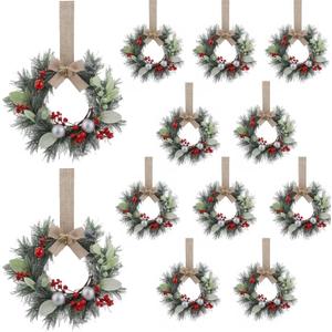 Zeyune 12 Pcs Small Christmas Wreaths for Kitchen Cabinets with Bow Ribbon Mini Cabinet Door Wreath Set Hanging Christmas Decor for Kitchen Window Outdoor Indoor, 14.96 x 7.87''(Glitter Ball Style)