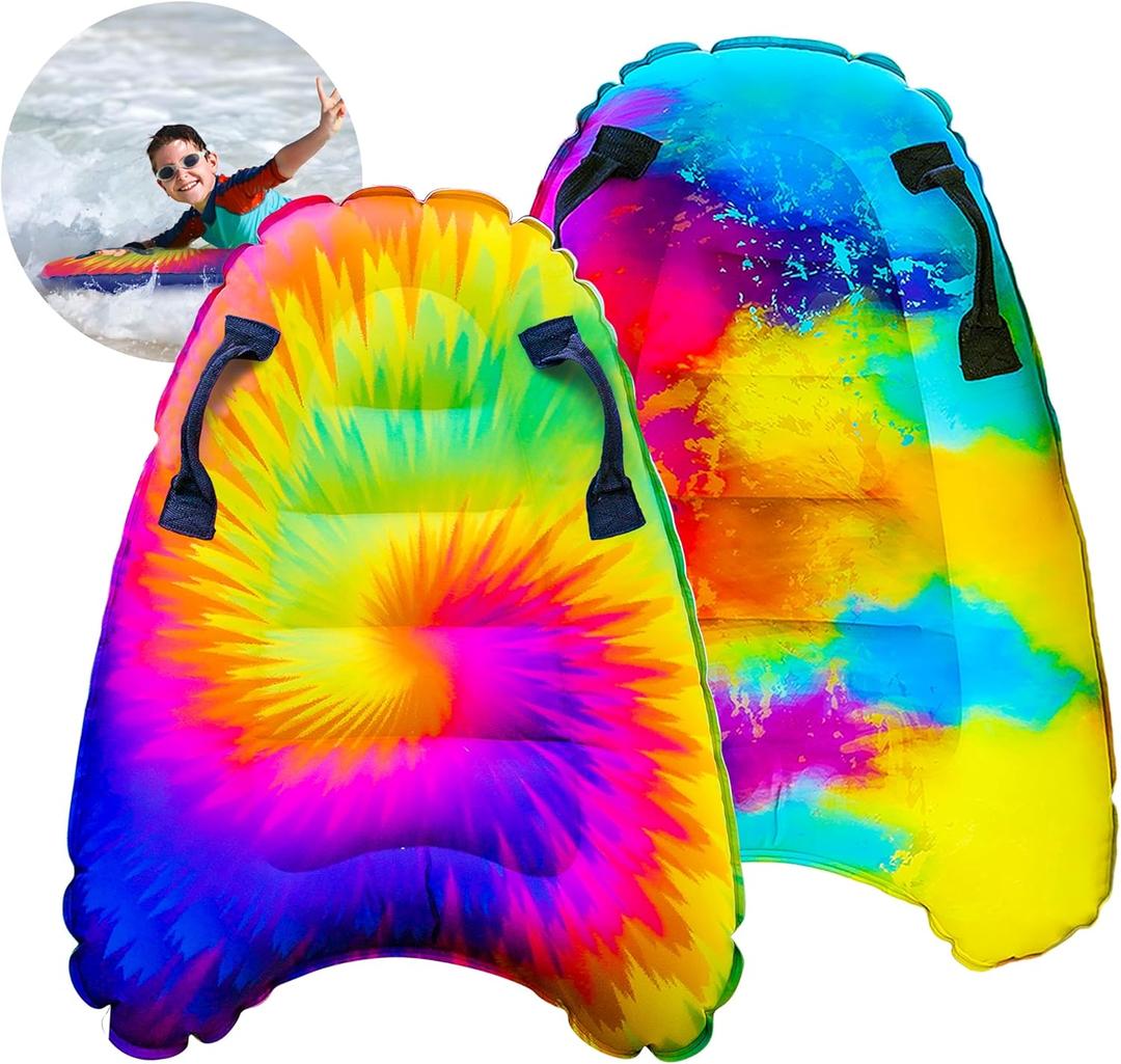 JAMBO 2 Pack Inflatable Surf Body Boards with Handles for Water Slides, Boogie Boards for Beach, Pool, Lake & Slip Slides, Lightweight Floating Water Toys for Kids & Adults (Tie-Dye AND Water Color DOUBLE PACK)