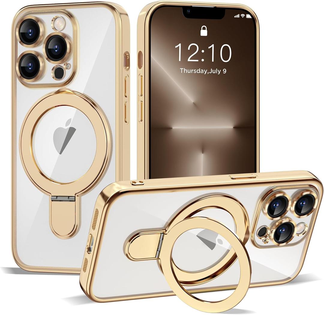 Compatible with iPhone 13 Pro Max Case with Invisible Magnetic Ring Stand [Compatible with Mag-Safe] [Full Camera Lens Protector] Plating Clear Phone Case for iPhone 13 Pro Max 6.7", Gold