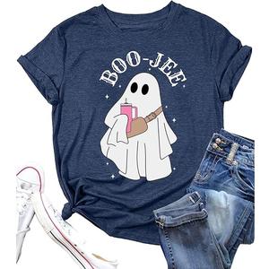OCURHU Halloween Shirt for Women Funny Ghost Costume Tshirts Halloween Short Sleeve Graphic Tee Tops Size 2XL, Blue 