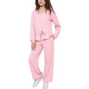 Girls Fall Outfits Tie Knot Crop Tops Wide Leg Pants with Pockets 2025 Winter Sets Active Wear (Pink)
