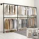 KELIXU 114.4" Industrial Pipe Clothing Rack for Wall Adjustable Height Wall Mounted Clothes Rack for Hanging Clothes, Heavy Duty Walk in Closet Systems, Garment Racks with Double Rods (Three, Black)