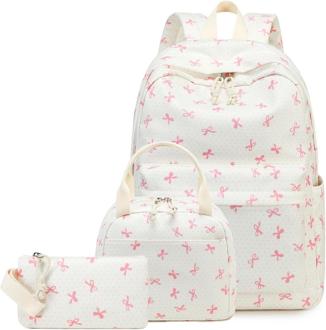 LEDAOU Backpack for Girls School Bag Kids Bookbag Teen Backpack Set Daypack with Lunch Bag and Pencil Case (Pink Bowtie -Beige)