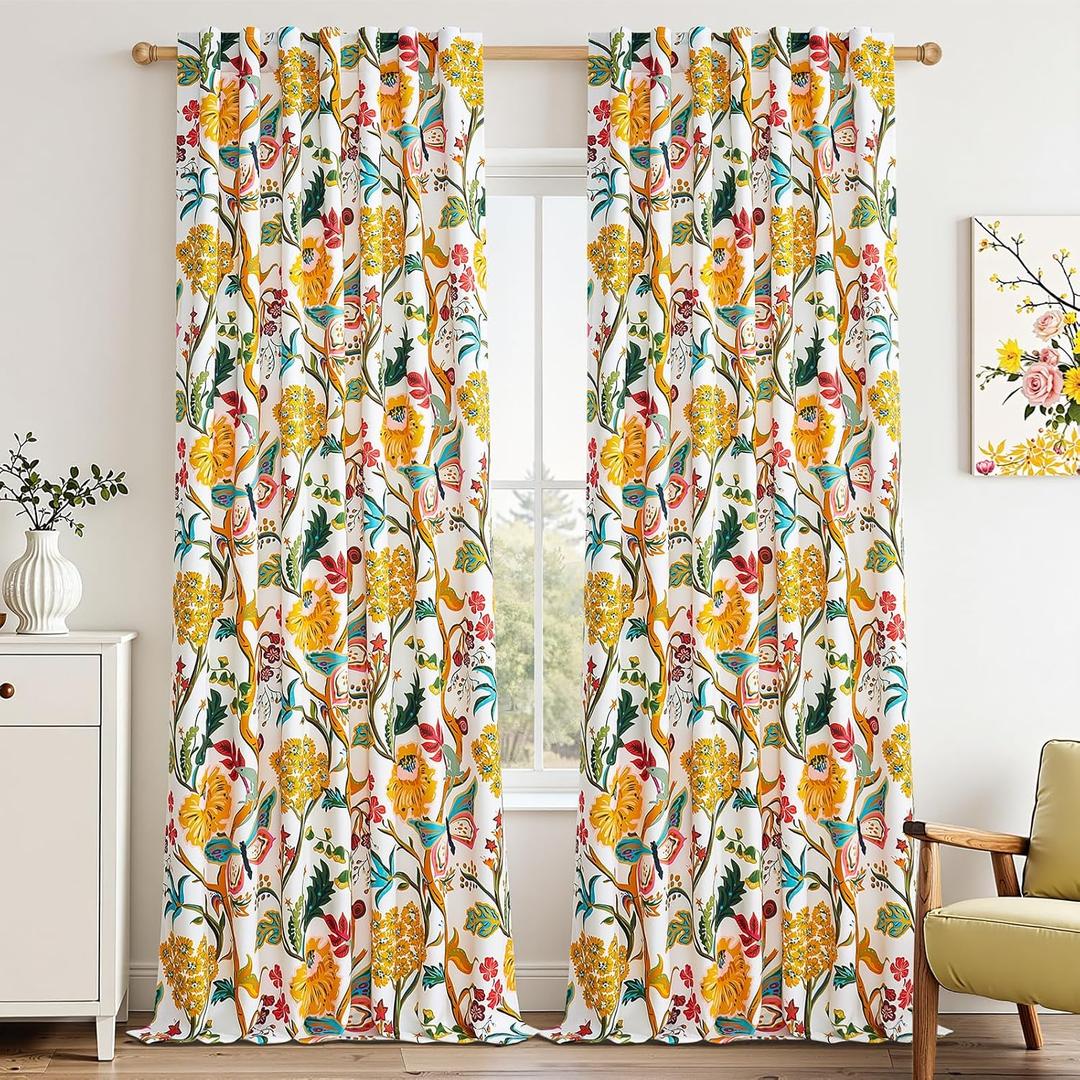 Topfinel 96 inch Rustic Floral Curtains for Bedroom Living Room Butterfly Marigold Room Darkening Thermal Insulated Drapes with Hooks Floor to Ceiling Curtains， Mustard Yellow on Beige, 2 Panels