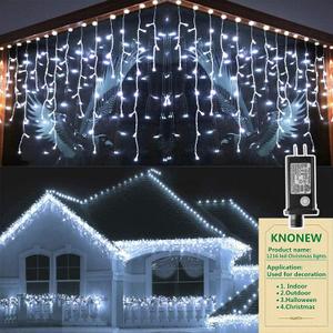 KNONEW 99FT 1216 LED Christmas Lights Outdoor Decorations 8 Modes White Curtain String Light with 228 Drops, Clear Wire LED String Light Indoor Decor for Wedding Party Holiday Christmas