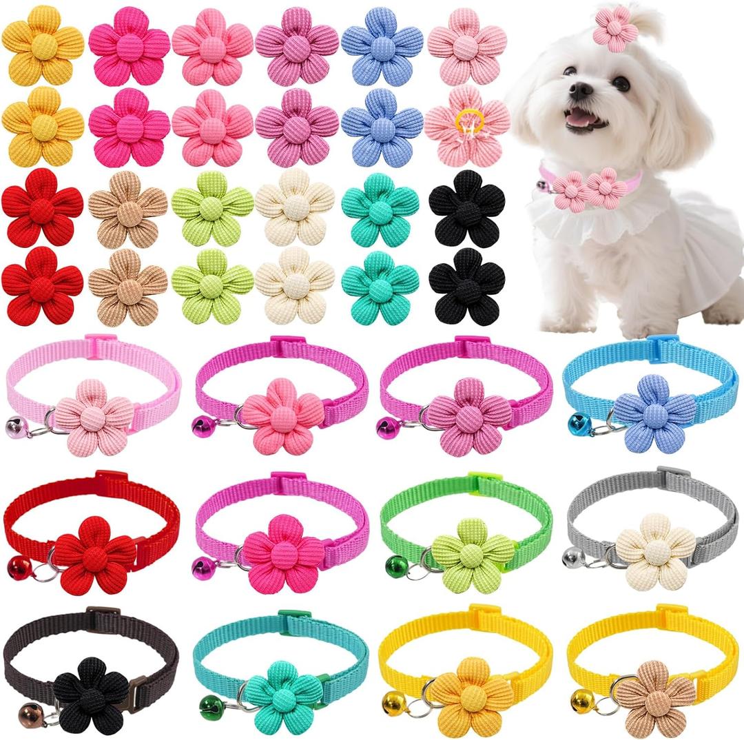 36PCS Dog Flower Collar and Hair Bows Set,Multi Color Cute Pet Collar Accessories and Head Floral Charms Tie for Small Puppy Cats Grooming Accessories