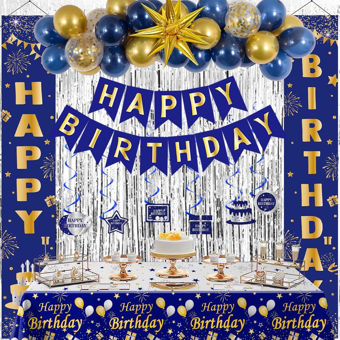 Blue and Gold Birthday Decorations for Men Boys Women Girls, Happy Birthday Decorations Gold and Blue Party Decoration, Happy Birthday Banner Balloons Tablecover Fringe Curtain, Mens Boy Bday Decor