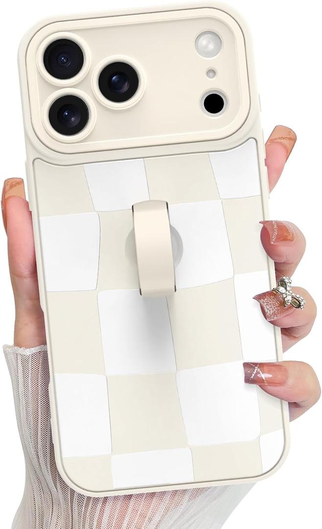 KANGHAR Compatible with iPhone 17 Pro Case 2025, Silicone Checkered Cute Pattern, Wristband Kickstand Camera Protection Soft Slim Cover for Girls Women -White