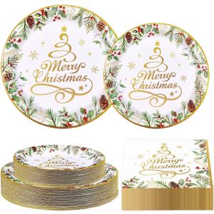 Greencian 200Pcs Merry Christmas Party Decorations Gold Christmas Tree Plates and Napkins Winter Xmas Plant Tableware Sets for Winter Holiday Picnic Birthday Dinner Party Supplies Serves 50