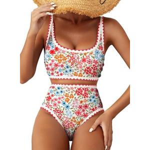 Herseas Women's Bikini Sets Floral Print Whip Stitch 2 Piece Swimsuits High Waisted Scoop Bathing Suits, Medium