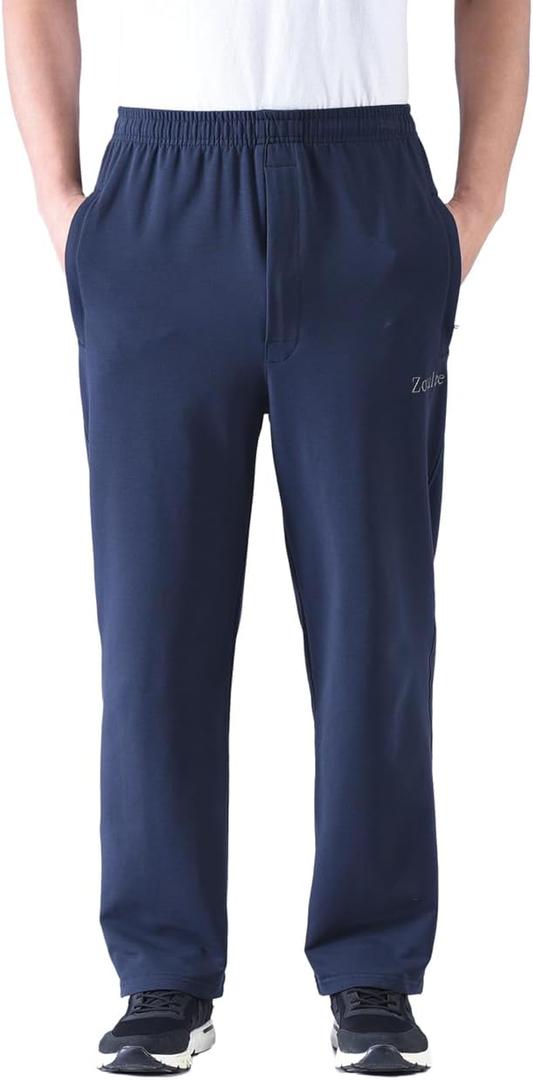 Zoulee Men's Casual Cotton Jogger Sweatpants Zipper Front Pants (Medium, Thin Navy Blue)