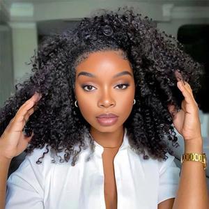 Afro Curly Half Wig Synthetic Hair 3 In 1 Seamless Flip Over Glueless Wear and Go Beginner Friendly Curly Hair Drawstring Clip In Headband Wig 20Inch Natural Black Color